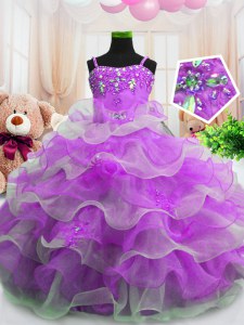 Super Purple Spaghetti Straps Zipper Beading and Ruffled Layers Little Girls Pageant Dress Wholesale Sleeveless