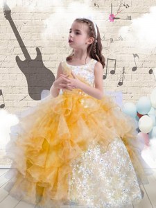 Orange Ball Gowns Scoop Sleeveless Organza Floor Length Lace Up Beading and Ruffles Child Pageant Dress
