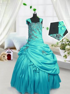 Sleeveless Satin Floor Length Lace Up Winning Pageant Gowns in Turquoise with Beading and Pick Ups