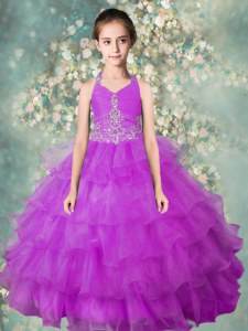 Latest Lavender Ball Gowns Organza Halter Top Sleeveless Beading and Ruffled Layers Floor Length Zipper Little Girls Pageant Dress Wholesale
