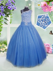Fantastic Baby Blue Side Zipper Asymmetric Beading Little Girls Pageant Dress Wholesale Tulle Sleeveless