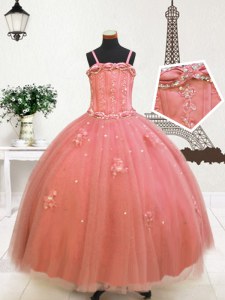 Spaghetti Straps Sleeveless Kids Pageant Dress Floor Length Beading and Appliques Watermelon Red Tulle