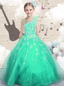 Most Popular Sleeveless Lace Up Floor Length Appliques Little Girl Pageant Gowns