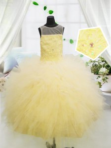 Custom Designed Scoop Light Yellow Tulle Zipper Child Pageant Dress Sleeveless Floor Length Beading and Appliques