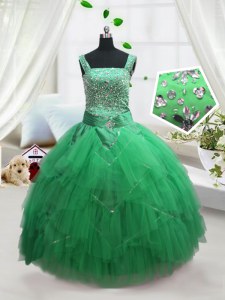 Perfect Beading and Ruffles Kids Formal Wear Turquoise Lace Up Sleeveless Floor Length