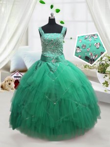 Turquoise Ball Gowns Straps Sleeveless Tulle Floor Length Lace Up Beading and Ruffles Little Girl Pageant Dress