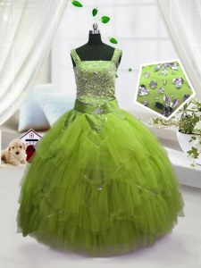 Custom Made Yellow Green Straps Lace Up Beading and Ruffles Little Girls Pageant Dress Sleeveless