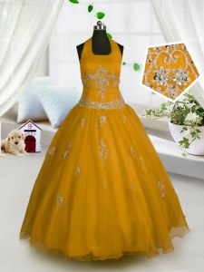 Popular Halter Top Sleeveless Floor Length Appliques Lace Up Evening Gowns with Orange