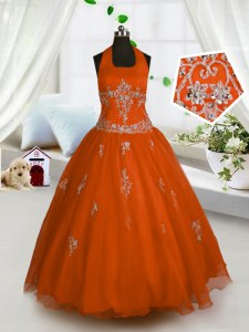 Red Pageant Gowns For Girls Party and Wedding Party and For with Appliques Halter Top Sleeveless Lace Up