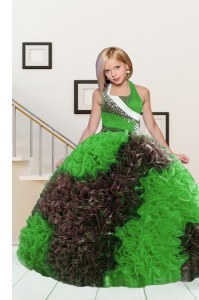 Wonderful Apple Green and Chocolate Lace Up Halter Top Beading and Ruffles Little Girl Pageant Gowns Fabric With Rolling Flowers Sleeveless