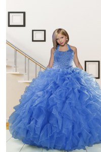 Halter Top Sleeveless Organza Little Girls Pageant Gowns Beading and Ruffles Lace Up
