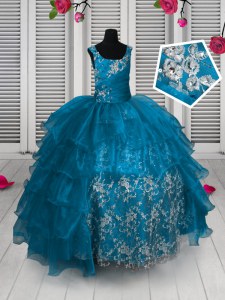 Glorious Sleeveless Lace Up Floor Length Appliques and Ruffled Layers Little Girls Pageant Dress