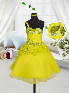 Yellow A-line Beading and Appliques and Hand Made Flower Flower Girl Dresses Lace Up Organza Sleeveless Mini Length