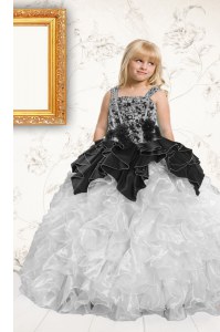 Straps Sleeveless Little Girl Pageant Dress Floor Length Beading and Pick Ups Silver Organza