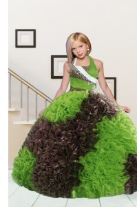 Ball Gowns Pageant Gowns For Girls Apple Green and Chocolate Halter Top Fabric With Rolling Flowers Sleeveless Floor Length Lace Up