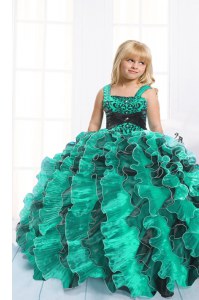 Perfect Ball Gowns Little Girls Pageant Dress Teal Straps Organza Sleeveless Floor Length Lace Up