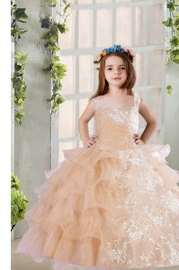 Top Selling Champagne Organza Zipper Square Sleeveless Floor Length Winning Pageant Gowns Lace and Ruffled Layers