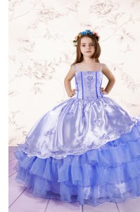 Elegant Organza Spaghetti Straps Sleeveless Lace Up Embroidery and Ruffled Layers Little Girls Pageant Dress in Baby Blue