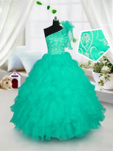 Floor Length Turquoise Child Pageant Dress One Shoulder Sleeveless Lace Up