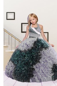 Low Price Dark Green and Silver Lace Up Halter Top Beading and Ruffles Kids Pageant Dress Fabric With Rolling Flowers Sleeveless