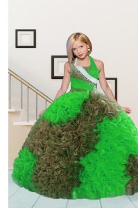 Lovely Halter Top Apple Green and Chocolate Sleeveless Floor Length Beading and Ruffles Lace Up Little Girls Pageant Dress Wholesale