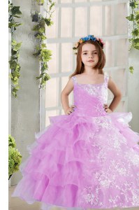 Hot Selling Ruffled Ball Gowns Little Girls Pageant Dress Wholesale Lavender Square Organza Sleeveless Floor Length Lace Up