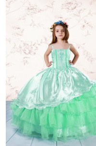 Pretty Apple Green Sleeveless Embroidery and Ruffled Layers Floor Length Kids Formal Wear