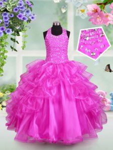 Fuchsia Halter Top Neckline Beading and Ruffled Layers Girls Pageant Dresses Sleeveless Lace Up
