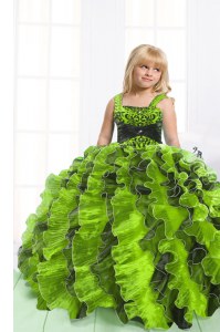 Sleeveless Floor Length Beading and Ruffles Lace Up Kids Pageant Dress with Yellow Green