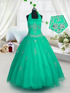 Halter Top Sleeveless Lace Up Little Girls Pageant Gowns Green Tulle