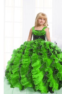 Mermaid Straps Sleeveless Organza Little Girls Pageant Dress Beading and Ruffles Lace Up