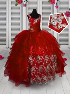 Affordable Floor Length Red Child Pageant Dress Organza Sleeveless Appliques and Ruffled Layers