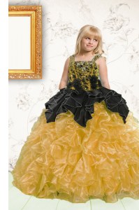 Pick Ups Floor Length Gold Pageant Gowns For Girls Straps Sleeveless Lace Up