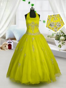 Halter Top Floor Length Yellow Pageant Dress for Teens Tulle Sleeveless Appliques