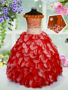 Off the Shoulder Organza Sleeveless High Low Girls Pageant Dresses and Beading and Hand Made Flower