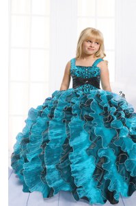 Straps Sleeveless Pageant Gowns For Girls Floor Length Beading and Ruffles Turquoise Organza