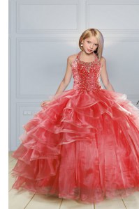 Red Evening Gowns Military Ball and Sweet 16 and Quinceanera and For with Beading and Ruffles Halter Top Sleeveless Lace Up