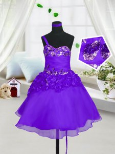 Eggplant Purple Sleeveless Beading and Hand Made Flower Knee Length Flower Girl Dresses for Less