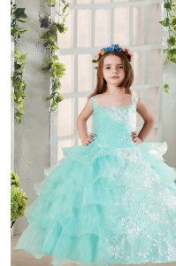 Perfect Light Blue Sleeveless Floor Length Lace and Ruffled Layers Lace Up Pageant Dresses