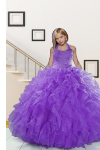 Customized Halter Top Lavender Organza Lace Up Girls Pageant Dresses Sleeveless Floor Length Beading and Ruffles