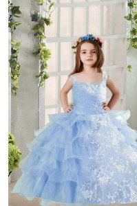 Organza Spaghetti Straps Long Sleeves Lace Up Lace and Ruffled Layers Pageant Dress for Teens in Baby Blue