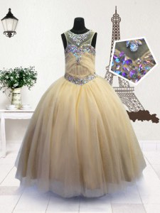 Great Scoop Light Yellow Ball Gowns Beading Pageant Dress for Teens Zipper Organza Sleeveless Floor Length