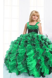 Floor Length Lace Up Child Pageant Dress Green for Party and Wedding Party with Beading and Ruffles