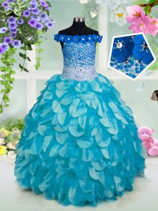 Off the Shoulder Organza Sleeveless Floor Length Little Girl Pageant Gowns and Beading and Sashes ribbons and Sequins