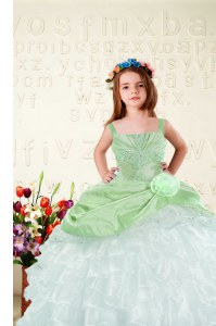 Fancy Organza Sleeveless Floor Length Little Girls Pageant Dress and Beading and Ruffled Layers and Hand Made Flower