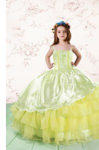 High Class Light Yellow Organza Lace Up Girls Pageant Dresses Sleeveless Floor Length Lace and Ruffled Layers