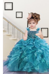 Cute Organza Straps Sleeveless Lace Up Beading and Ruffles Pageant Dress Wholesale in Turquoise