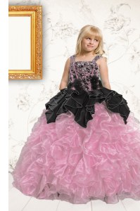 Sleeveless Organza Floor Length Lace Up Little Girl Pageant Dress in Lavender with Beading and Ruffles