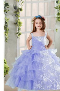 Fantastic Lavender Lace Up Square Lace and Ruffled Layers Little Girl Pageant Gowns Organza Sleeveless