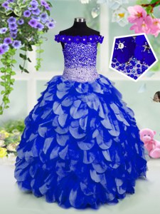 Cute Off the Shoulder Royal Blue Sleeveless Floor Length Beading and Hand Made Flower Lace Up Little Girls Pageant Dress Wholesale